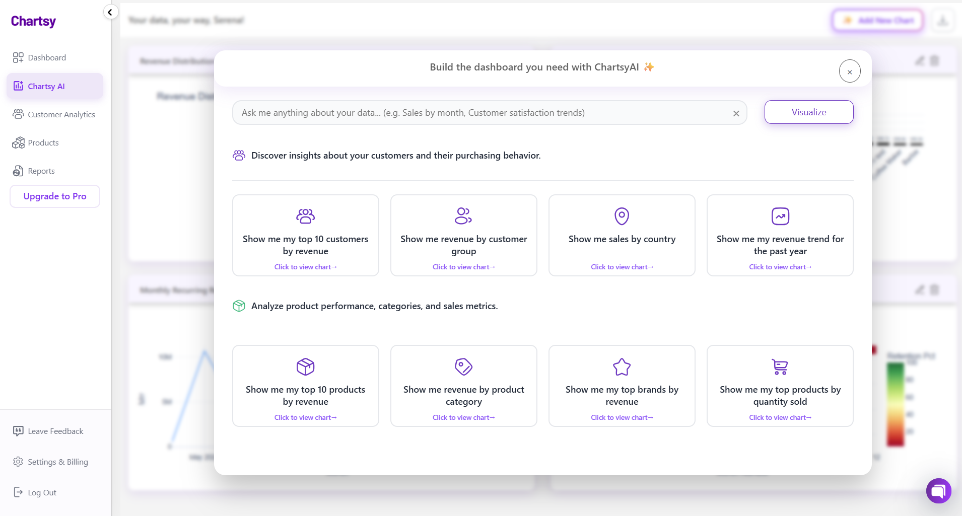 ChartsyAI interface showing a natural language query and resulting chart