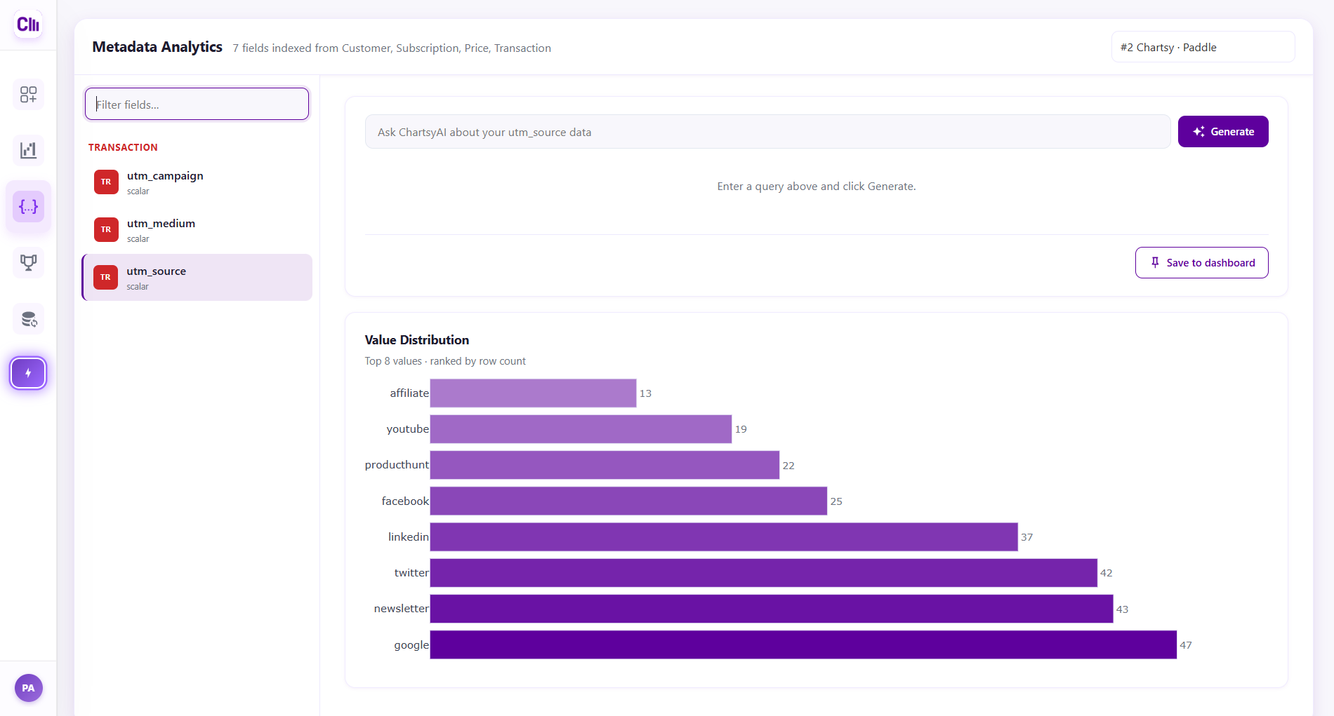 Chartsy showing all Stripe metadata fields indexed from your account